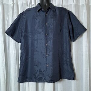 Woodys Retro Lounge Shirt Men XXL Blue Palm Leaf Button Front